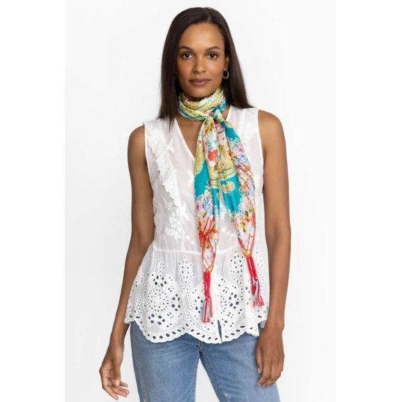 Johnny Was Rivoray Scarf Kaleidoscopic Sky Blue Flower Square Silk Tassel New - Picture 2 of 3